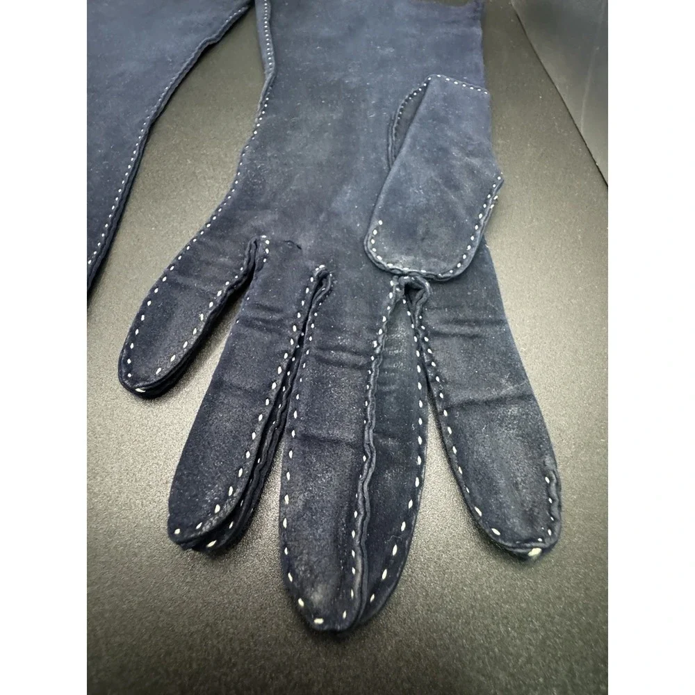 Vintage Blue‎ Suede With Decorative White Stitching Driving Gloves